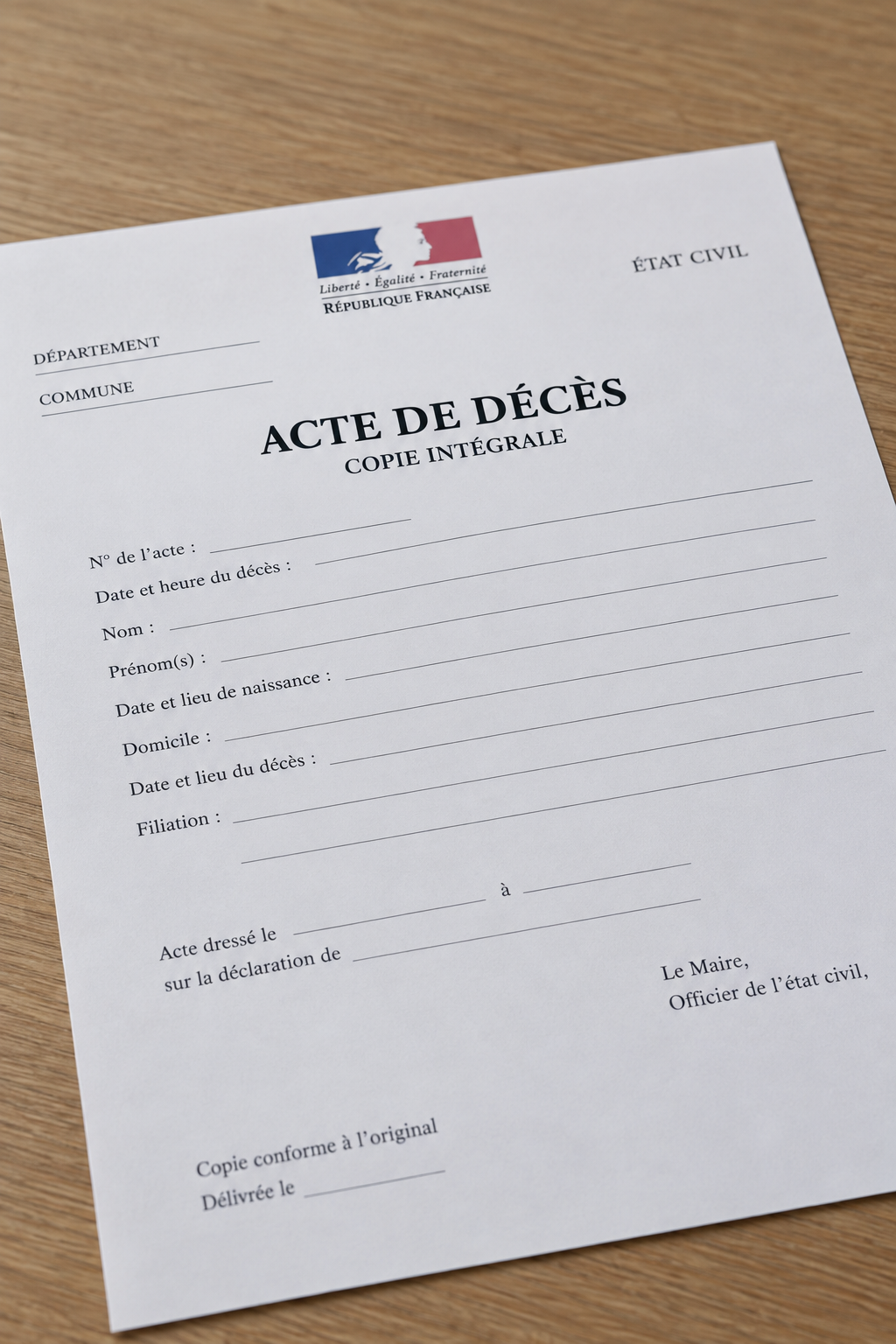 Illustration d'un acte de décès